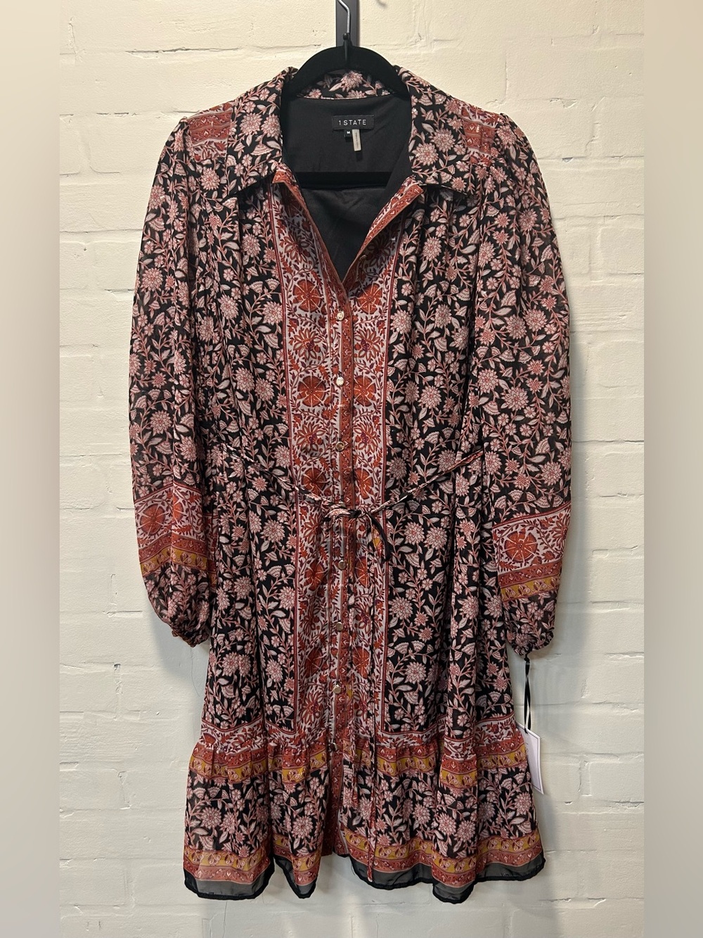 1.STATE NWT Floral Metallic Long Sleeve Tie Waist Mini Dress M Bohemian Festival